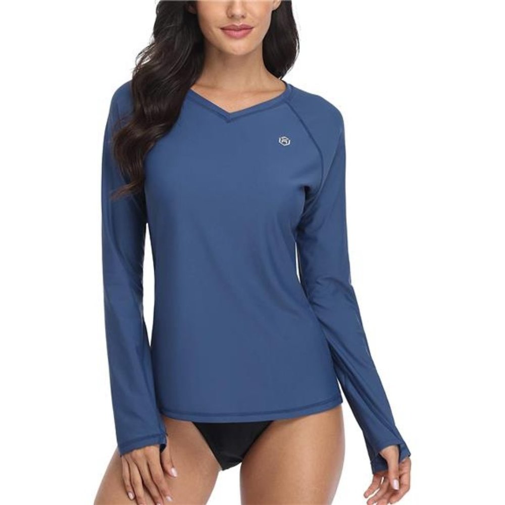 Women Rash Guard Swim Shirt Long Sleeve Sun Protection Thumb Hole UPF 50 V Neck